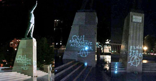 Graffiti on the monument to Geidar Aliev. Inscription in the Azerbaijani language read: "Qul bayramınız mübarək!" (Congratulations on the slaves' holiday!), Baku, May 9, 2016. Photo: http://www.7or.am/ru/news/view/105916/