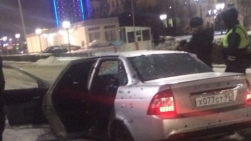 A car shelled during the shootout in Grozny. December 17, 2016. Photo courtesy of an eyewitness