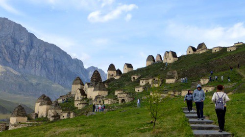 Necropolis near the village of Dargavs, called "City of the dead". Screenshot of the video https://www.youtube.com/watch?v=k6p8Tst2vM0