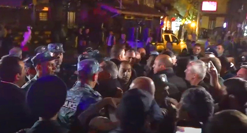Clashes with police during protests in Yerevan. Image made from video posted by NEWSam Channel2,  https://www.youtube.com/watch?v=923YtTuIgbg
