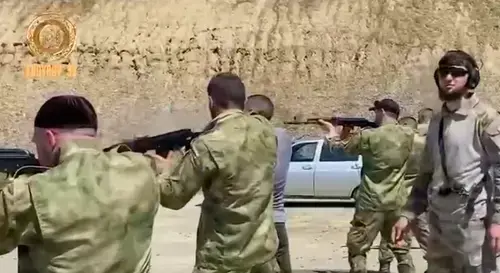 Training of the Chechen volunteers. Screenshot of the video on Ramzan Kadyrov's Telegram channel https://t.me/RKadyrov_95/2216