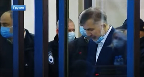 Mikheil (Mikhail) Saakashvili (on the right) in the courtroom. Screenshot of the video from the Channel One News https://www.youtube.com/watch?v=jtb5QF28d6Q