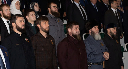 Ramzan Kadyrov (center, front row) during the ceremony marking the 100th anniversary of the founding of the Chechen Republic. Photo: press service of the head of the Chechen Republic