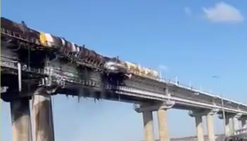 The consequences of the truck explosion on the Crimean Bridge. Screenshot of the video posted on the Telegram channel Mash, https://t.me/breakingmash/38826