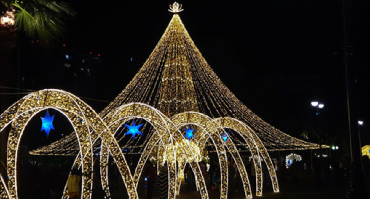 New Year's light display in Sochi. December 2021. Screenshot of the video https://www.youtube.com/watch?v=oMJ90wyb-x4