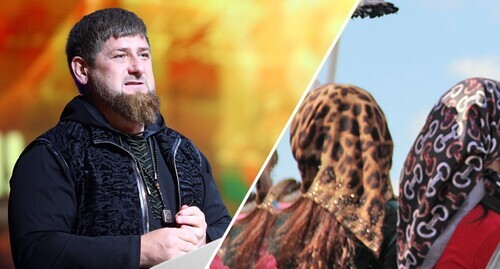 Ramzan Kadyrov; women wearing headscarves. Photos: Musa Sadulaev / Grozny Inform, Magomed Magomedov for the "Caucasian Knot." Collage by the "Caucasian Knot"