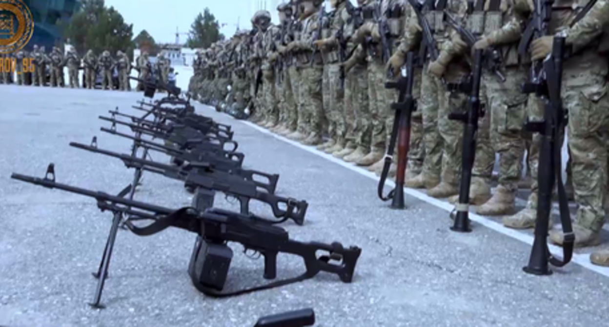 Chechen fighters in a formation line. Screenshot of the video published on Ramzan Kadyrov's Telegram channel on March 16, 2023 https://t.me/RKadyrov_95/3433