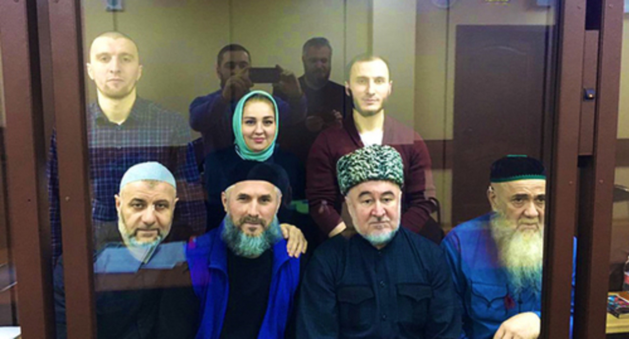 Barakh Chemurziev, Musa Malsagov, Malsag Uzhakhov, Akhmed Barakhoev, Zarifa Sautieva, Ismail Nalgiev, Bagaudin Khautiev at the court. Photo by Kaloy Akhilgov, https://twitter.com/akaloy/status/1359464677521170432