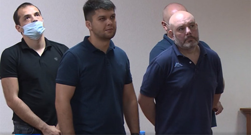 The convicts in Vladimir Tskaev's death case in the courtroom. Screenshot of the video by the Russian state news channel "Rossiya" https://alaniatv.ru/verhovnyj-sud-rso-a-smyagchil-prigovory-shesti-osuzhdyonnym-po-delu-tskaeva/