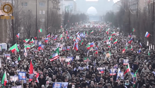 Participants in the rally in support of Putin held in Grozny. Screenshot of the video posted on Ramzan Kadyrov's Telegram channel on March 10, 2024 https://t.me/RKadyrov_95/4579