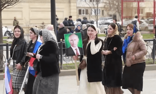 Participants of a rally in support of Putin. Screenshot of the video posted on Ramzan Kadyrov's Telegram channel on March 10, 2024 https://t.me/RKadyrov_95/4579