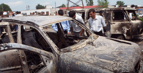 Consequences of the militants' attack on Ingushetia. Screenshot of the photo by "Fortanga" on June 2, 2020 https://fortanga.org/2020/06/16-let-nazad-boeviki-shamilya-basaeva-napali-na-ingushetiyu/