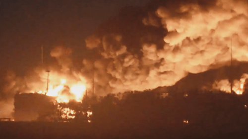 A fire burning at an oil depot in Proletarsk. Screenshot of a video https://www.rbc.ru/politics/22/08/2024/66c6eac49a7947abffc5660b