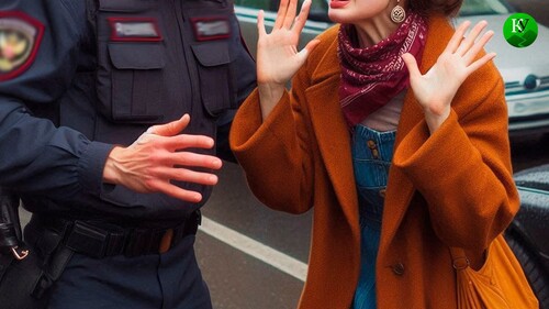 A woman and a police officer. Picture made in Photoshop by the "Caucasian Knot"