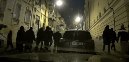 A dashboard camera captured one of the groups of attackers in Tbilisi. Screenshot of a video posted on Nikolay Levshits' Telegram channel on December 7, 2024, https://t.me/nlevshitstelegram/20921