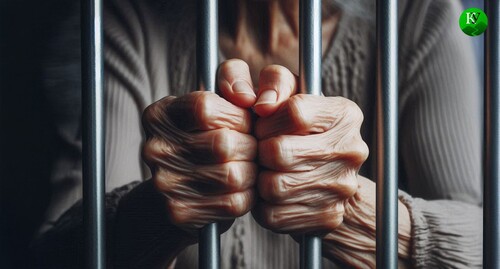 A pensioner woman behind the bars. Picture made in Photoshop by the "Caucasian Knot"