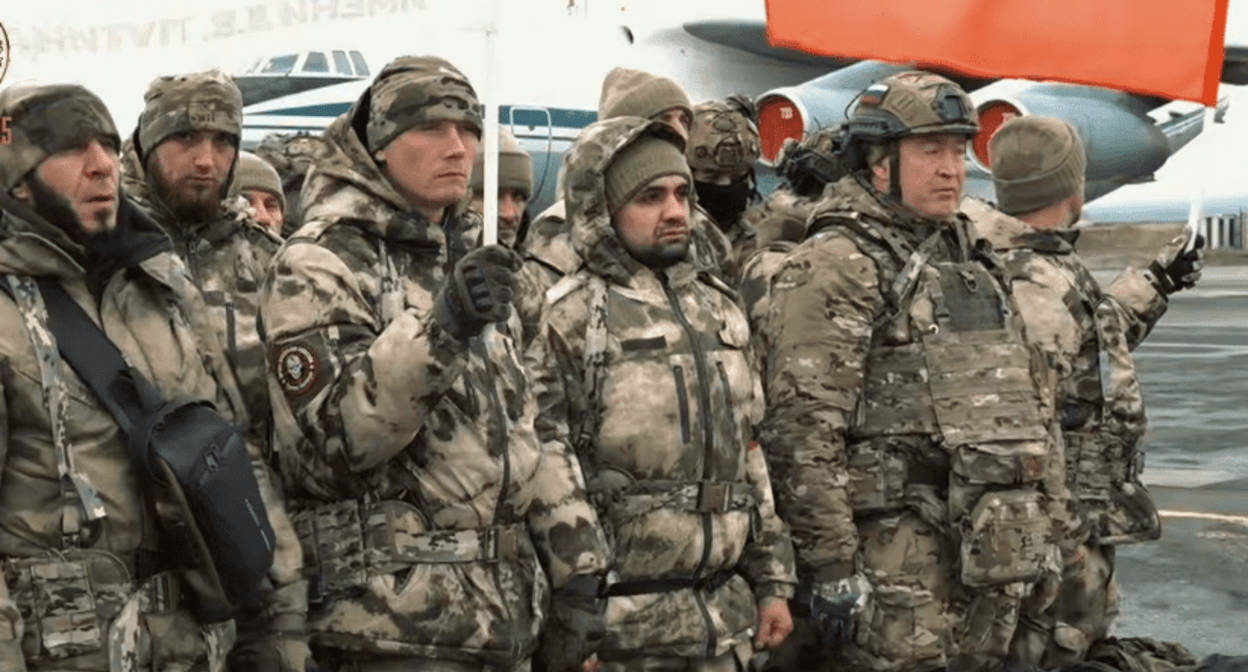 A group of fighters at the Grozny Airport. Screenshot of a video posted on Ramzan Kadyrov's Telegram channel on December 17, 2024, https://t.me/RKadyrov_95/5336