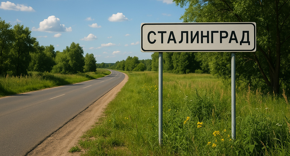 Stalingrad road sign. Illustration created by the “Caucasian Knot” using AI in the Copilot software.
