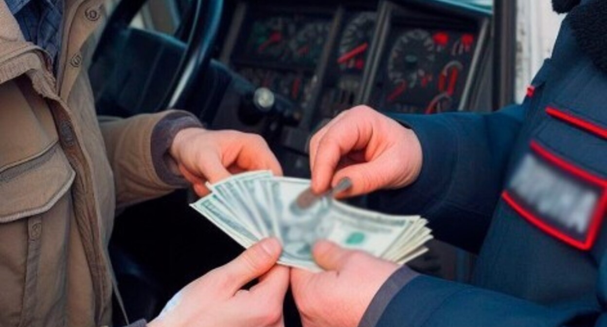 A driver gives a bribe to a police inspector. A conventional illustration created by the “Caucasian Knot” using AI in the Copilot software.
