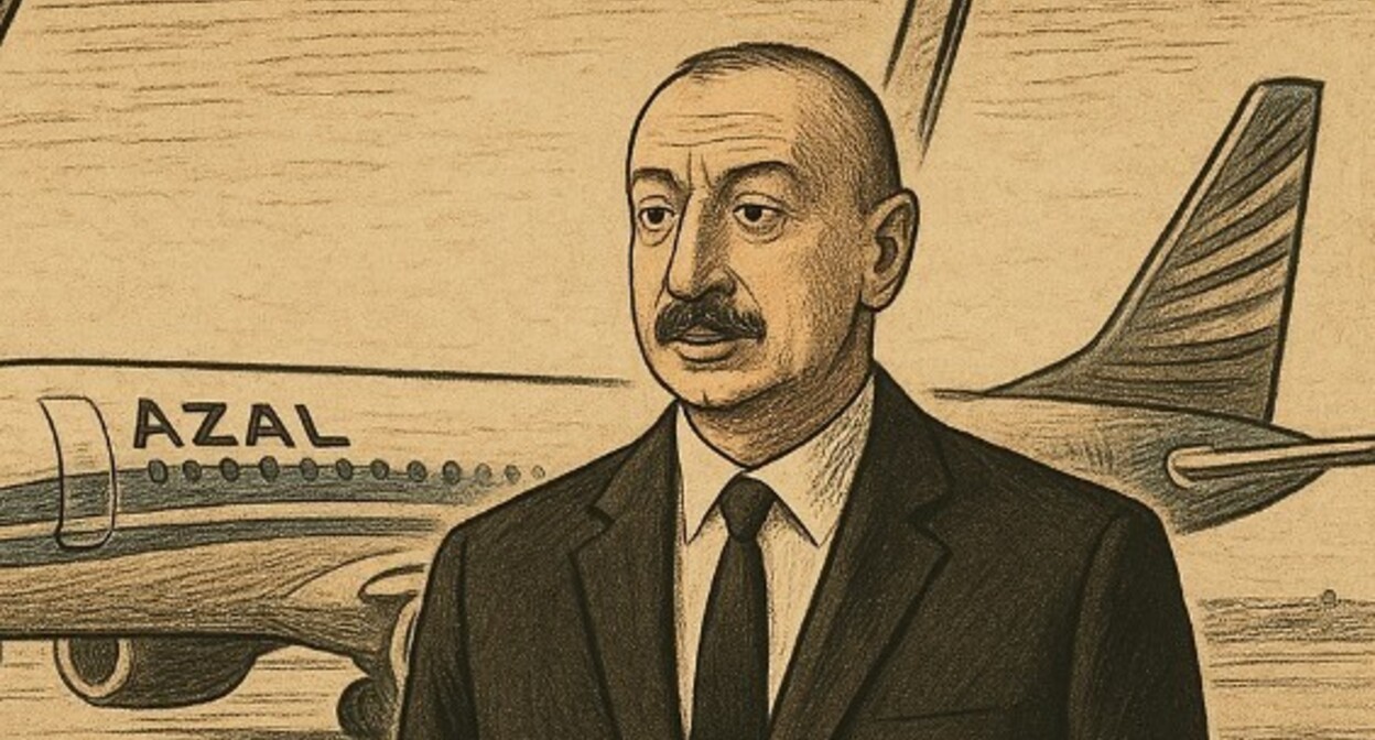 Ilham Aliev and the plane. Illustration created by the “Caucasian Knot” using AI in the Copilot software
