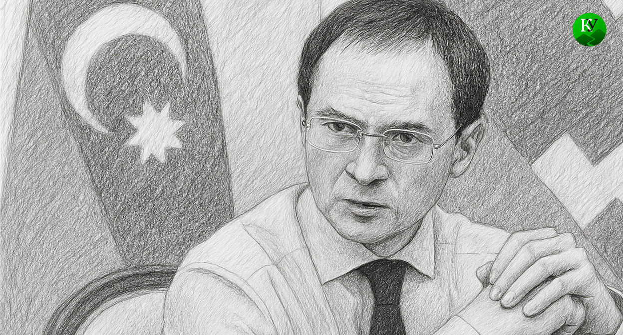 Vladimir Medinsky against the background of the flag of Azerbaijan. Illustration created by the “Caucasian Knot” using AI in the Copilot software.
