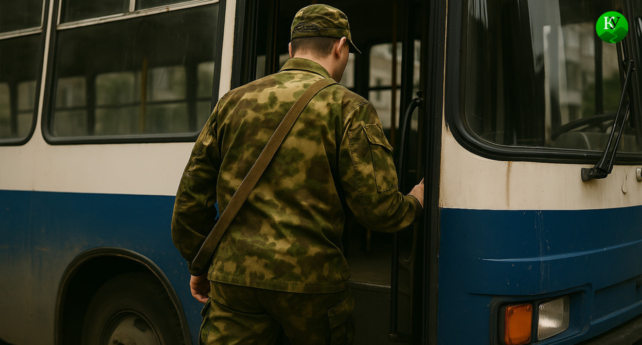 A soldier enters the bus. Illustration created by Caucasian Knot using AI in the Copilot software.
