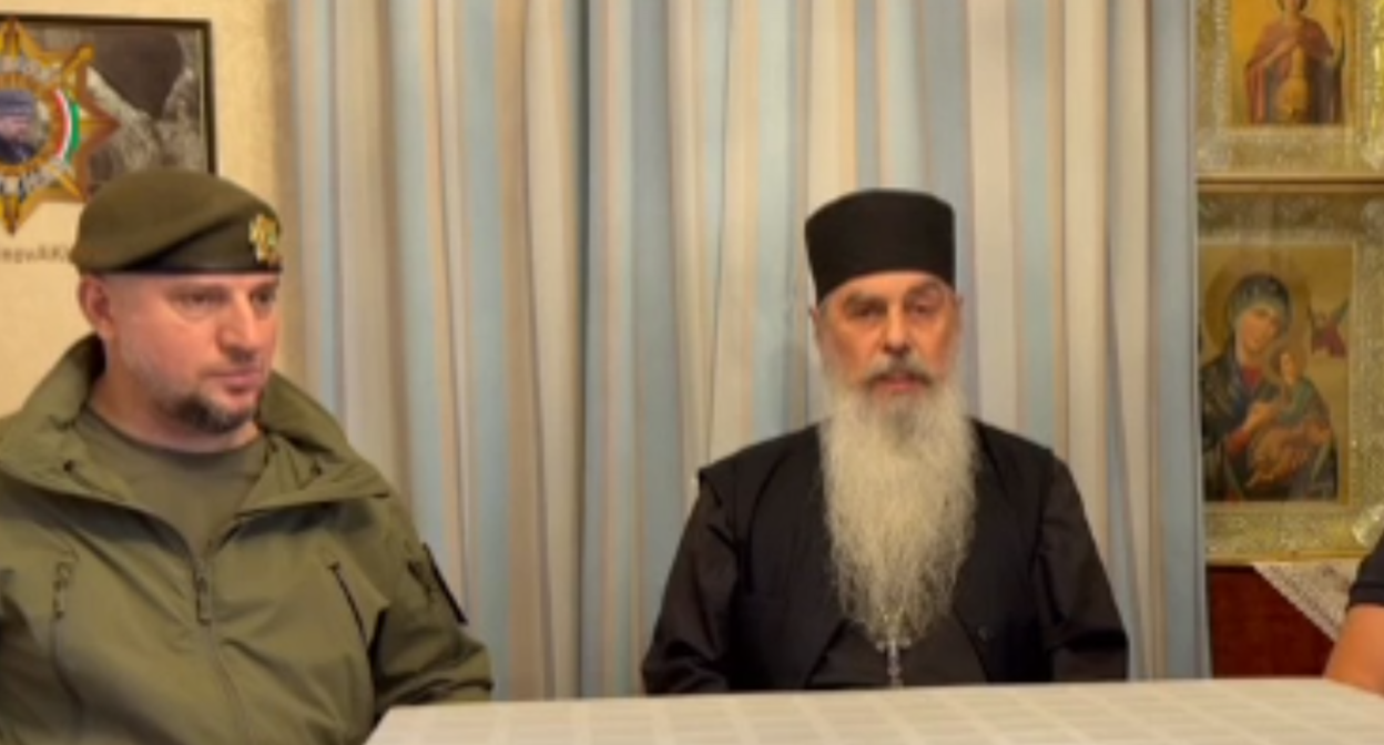 Apti Alaudinov and Schema-Abbot Gavriil. A still from the video posted on the Apti Alaudinov’s Telegram channel.
