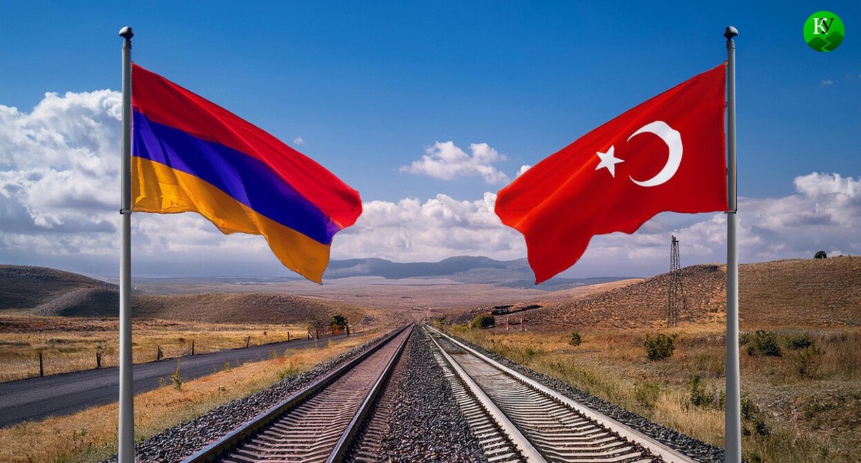 Armenian and Turkish flags near a railway. Illustration created by the Caucasian Knot using AI in Photoshop. Armenian and Turkish flags near a railway. Illustration created by the Caucasian Knot using AI in Photoshop.